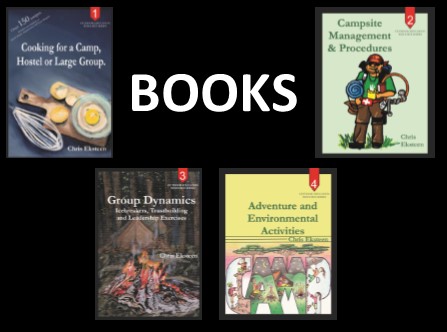 Books: Outdoor Education Resource Series - Outdoor Education Resource Book Series by Chris Eksteen. 
1. Cooking for a camp, hostel or large group
2. Campsite management and procedures 
3. Group Dynamics, icebreakers and teambuilding
4. Adventure and environmental activities 